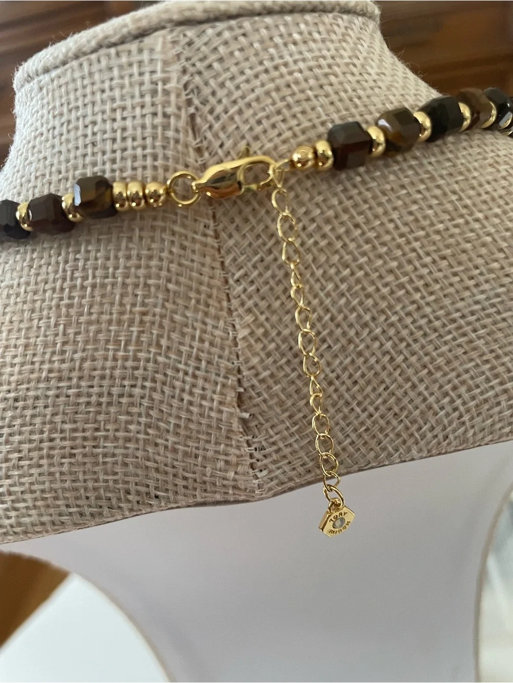 Tory Burch Brown Tiger Eye Beaded Necklace with Gold Cross Pendant